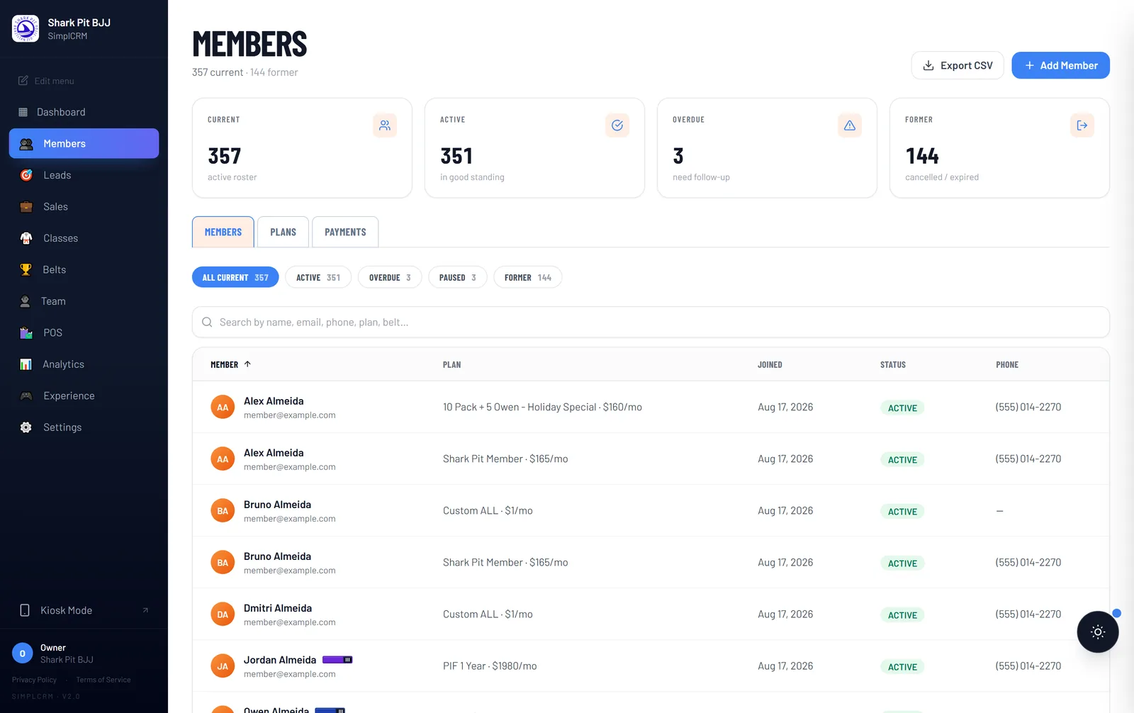 SimplCRM member roster with belt ranks and plan status